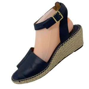 Clarks Women 12 M Artisan Espadrille Wedge Sandals Navy Blue Leather Ankle Strap